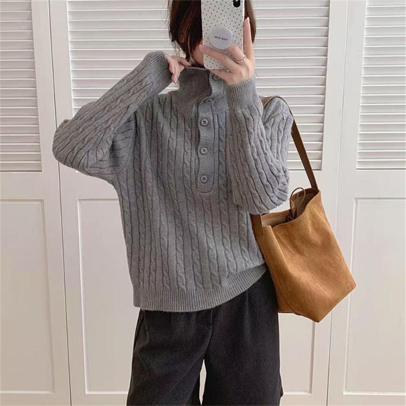 Retro twist lapel sweater women's top autumn and winter new lazy loose versatile temperament knitted sweater top