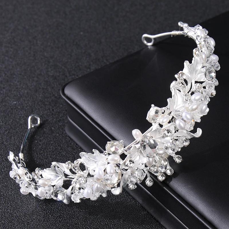 Silberfarbene Perlenkristallkrone Stirnband Blume Strassgold Tiara Diadem Party Frauen Braut Hochzeit Haarschmuck Schmuck