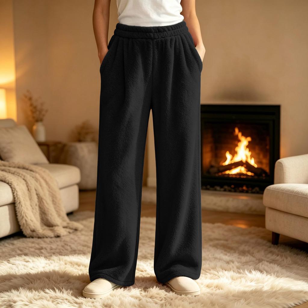 Pajama Pants Women Fuzzy Wide Leg Elastic Waist Trousers