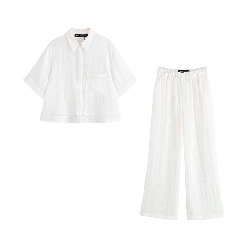 Kaslead New Women clothes Western Style Simple Short sleeve Lapel Shirts Trousers 8017741 8330741