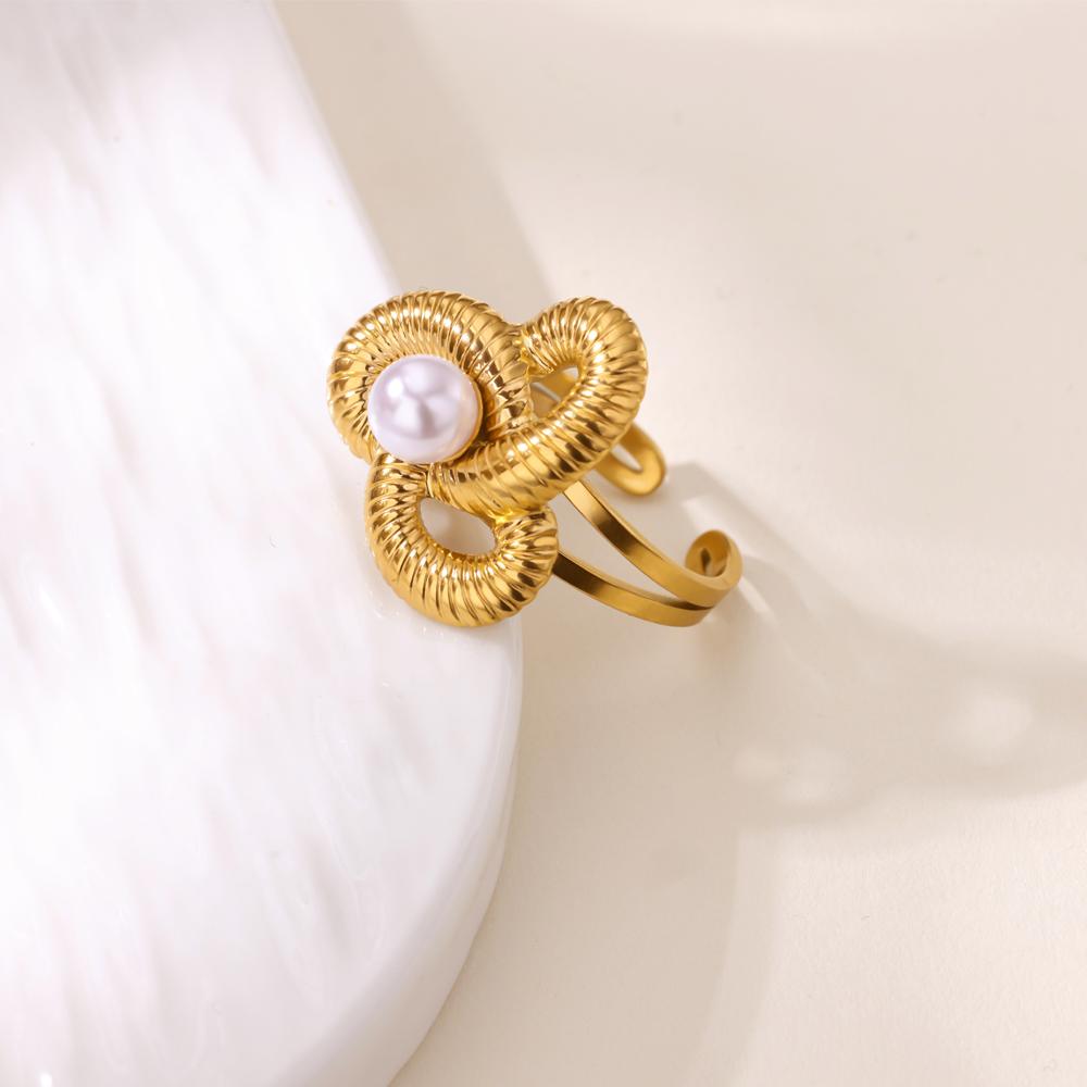 Dainty Heart Stainless Steel Rings Women Anti Fading Artificial Pearl Ring Aesthetic Golden Jewelry Vacation Accessories Gift