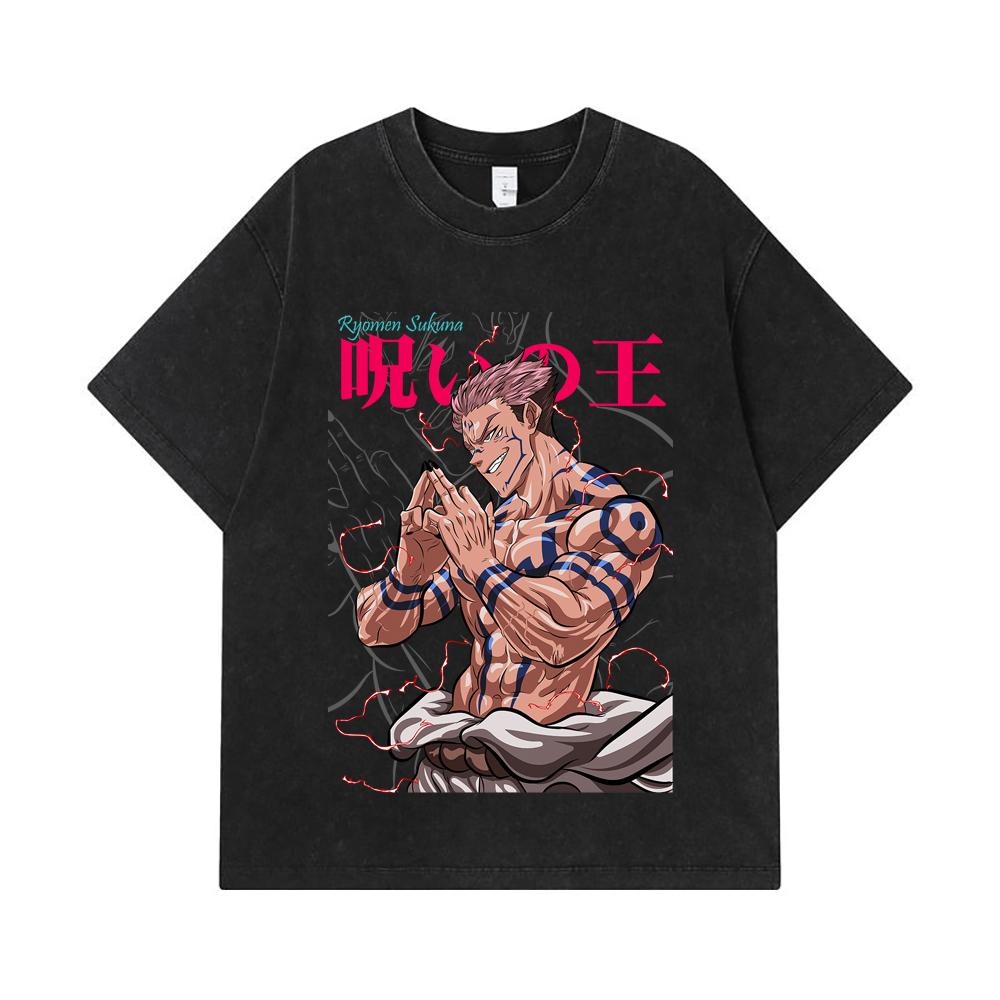 275 GSM Washed T-shirts 100% Cotton Jujutsu Kaisen V46 Sukuna Print Unisex Heavy Cotton T Shirt