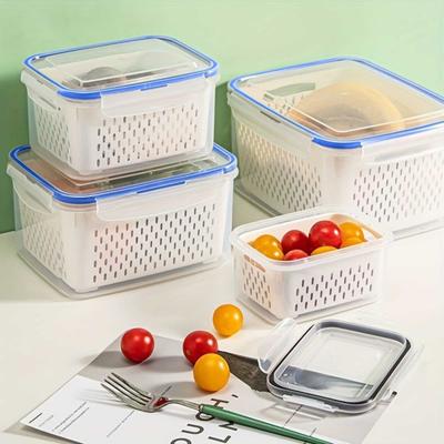 Food Storage Container with Drain Basket BPA Free Large Capacity Leak Resistant Fridge Vegetable Organizer Box