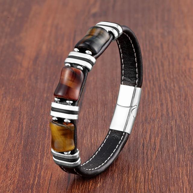 Natural Stone ,Tiger Eye Bracelet ,Black Leather Rope Chain ,Men Bracelet ,Stainless Steel Bracelet ,Women Fashion Jewelry ,Wholesale