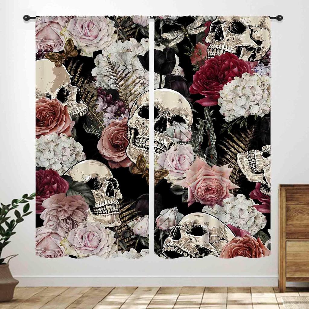 Gothic Skull Window Curtains,Boho Black Red Floral Rose Witchy Mysterious Skull Skeleton Printing Windows Drapes for Bedroom