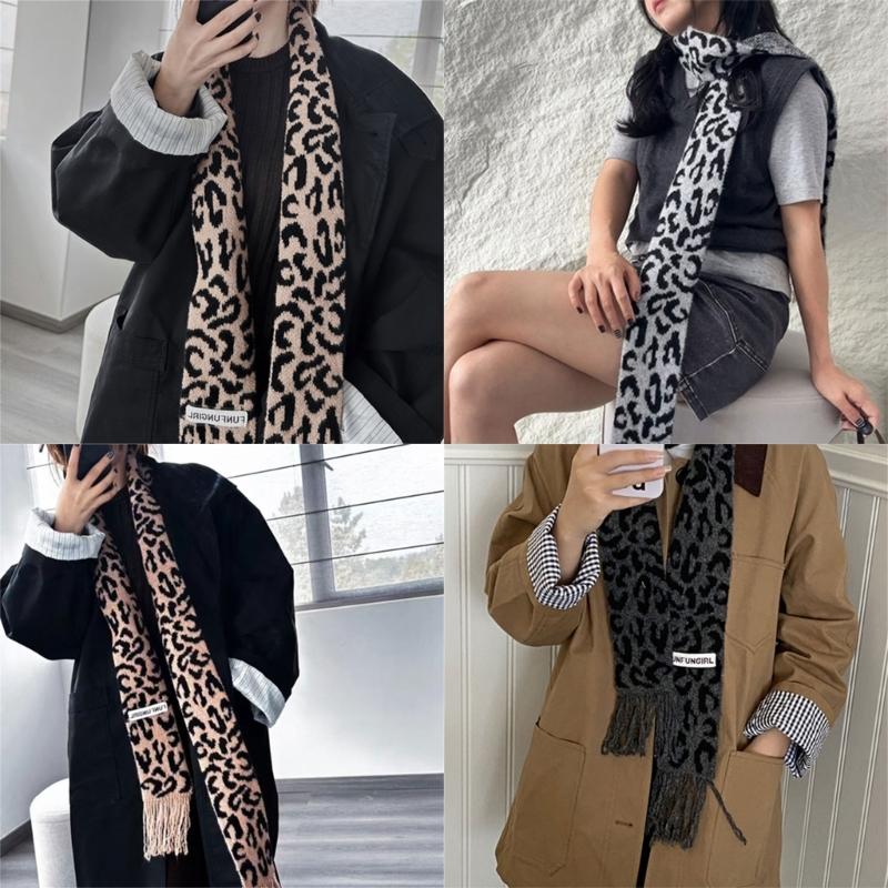 Vintage Leopards Print Tassels Scarf Soft Acrylic Neckerchief Warm Fashion Scarves for Women Warm Accessory