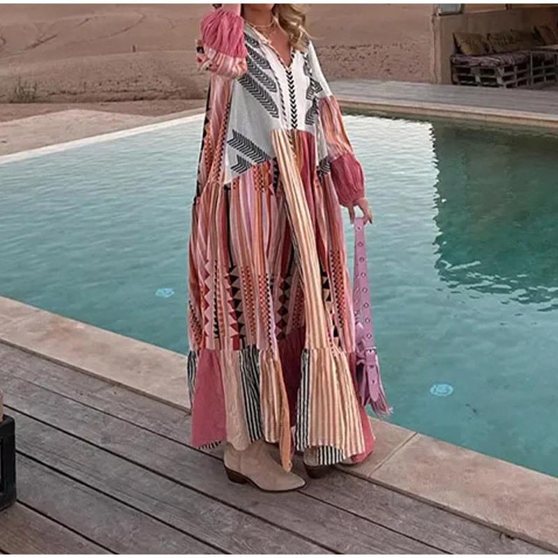 Women's Vintage Print Ethnic Style Long Puffed Sleeve Holiday Commuter Dress