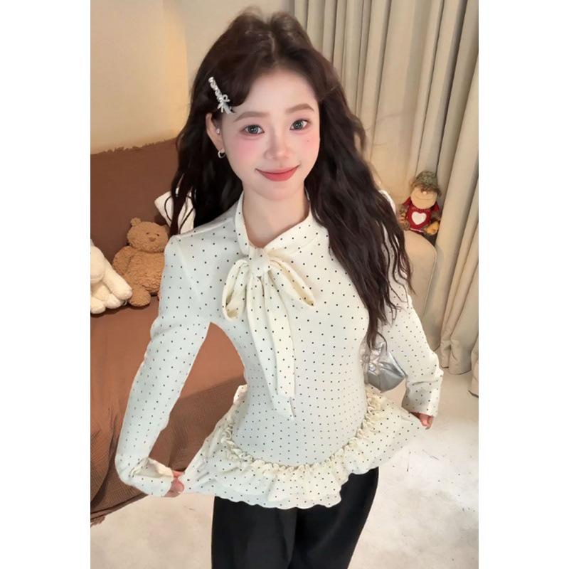 Women s Stylish Polka Dot Lace Hem Long Sleeve Tie-Up T-Shirt - Korean Autumn/Winter Slimming Layering Top M
