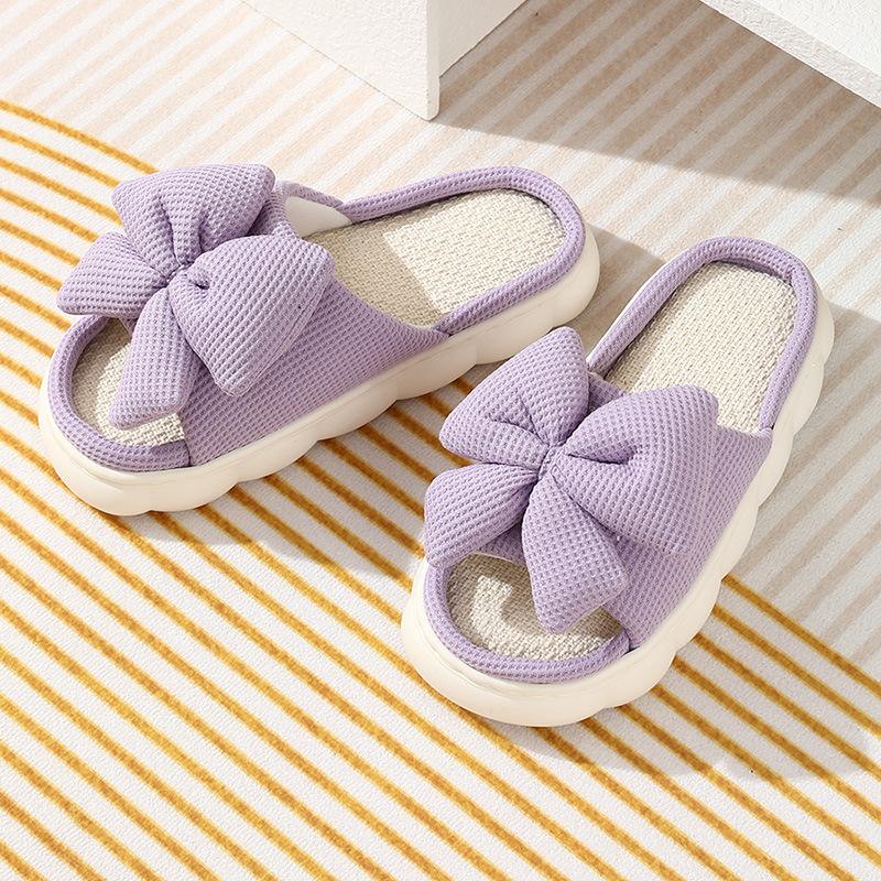 Butterfly Knot Linen Slippers for Women, Summer Home, Anti Slip, Daily Breathable, with A Sense of Stepping On Poop, Indoor Thick Sole