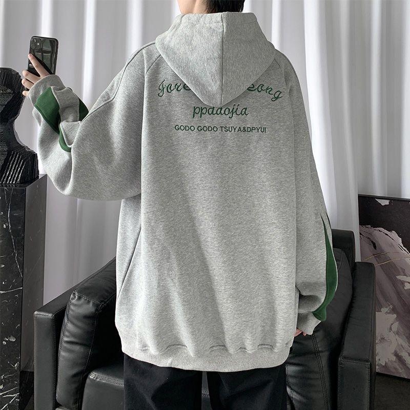 Splicing Fleeced Hooded Sweatshirts For Man Autumn Spring Loose Embroidered Hoodies Y2K Pullover