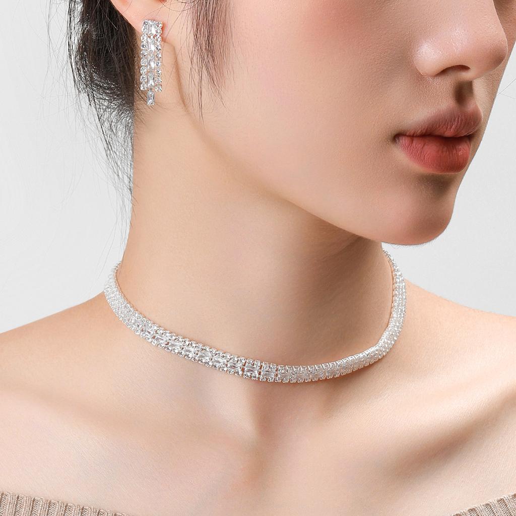 Conjunto de Colar e Brincos de Diamante de Luxo Acessórios para Festa Vestido de Casamento Jantar Corrente de Colar e Brincos de Strass da Moda para Meninas