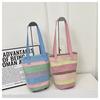 2025 spring and summer new rainbow stripes contrasting color shoulder woven bag large capacity fashion bucket bag