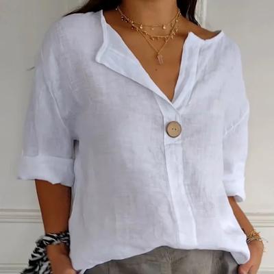T-shirt Estiva Larga Sottile in Cotone e Lino da Donna con Scollo a V e Bottoni