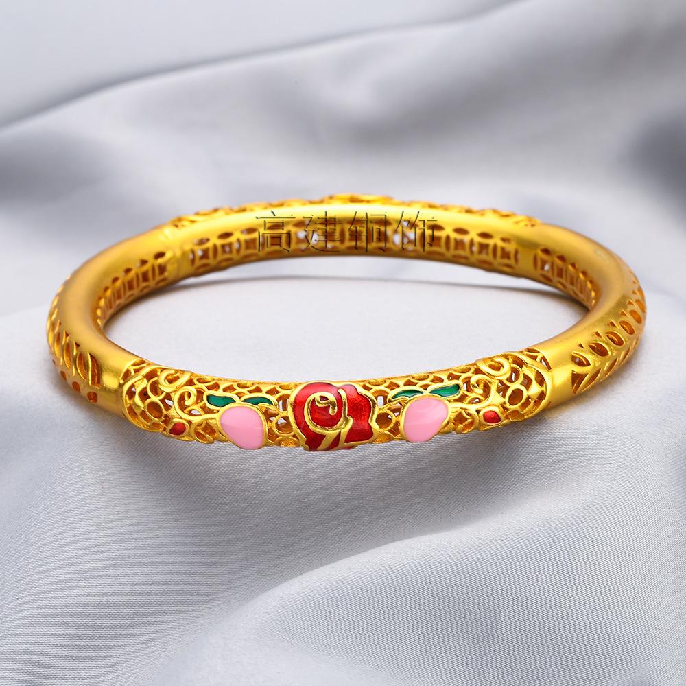 Vietnamese Sand Gold Enamel Lotus Bracelet – Brass, Gold-Plated, Hollow Design with Painted Lotus Leaf & Flower, Women's National Trend Style.