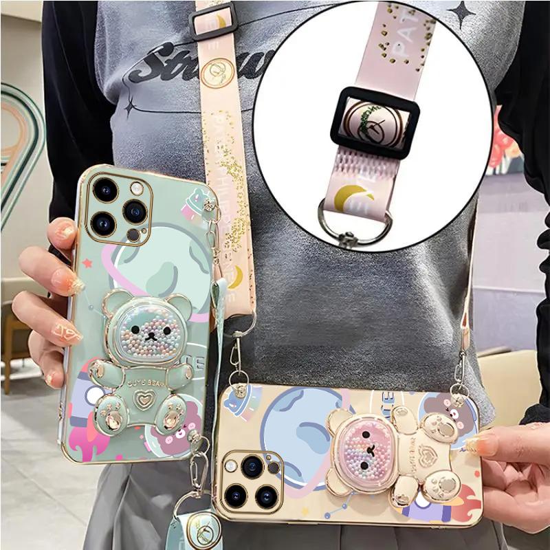Space Bear Lanyard Holder Case For 14 15 11 12 13 Pro Max Mini 8 7 6 S Plus X Xr Xs Max Crossbody 15pro Strap Stand Cover