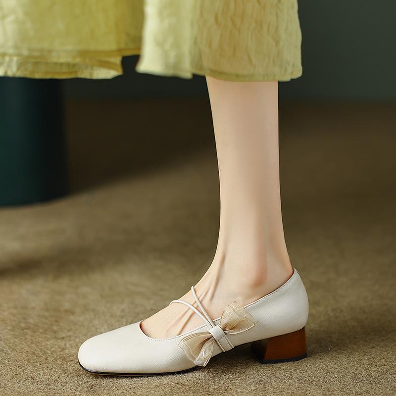 

2025 Весна и Осень ретро стиль бант Мэри Джейн женские туфли круглый носок толстый каблук темперамент универсальные туфли-лодочки ципао одинарные туфли женские 40
