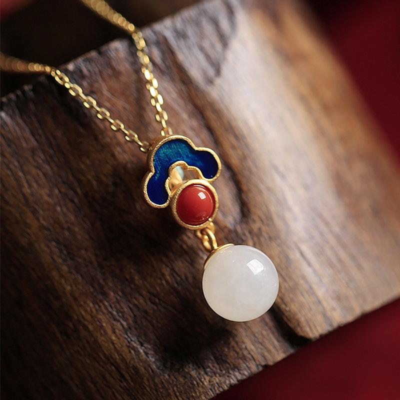 Elegant White Chalcedony Pendant Necklace with Auspicious Cloud Motif - Luxurious Lucky Bead Clavicle Chain for Women