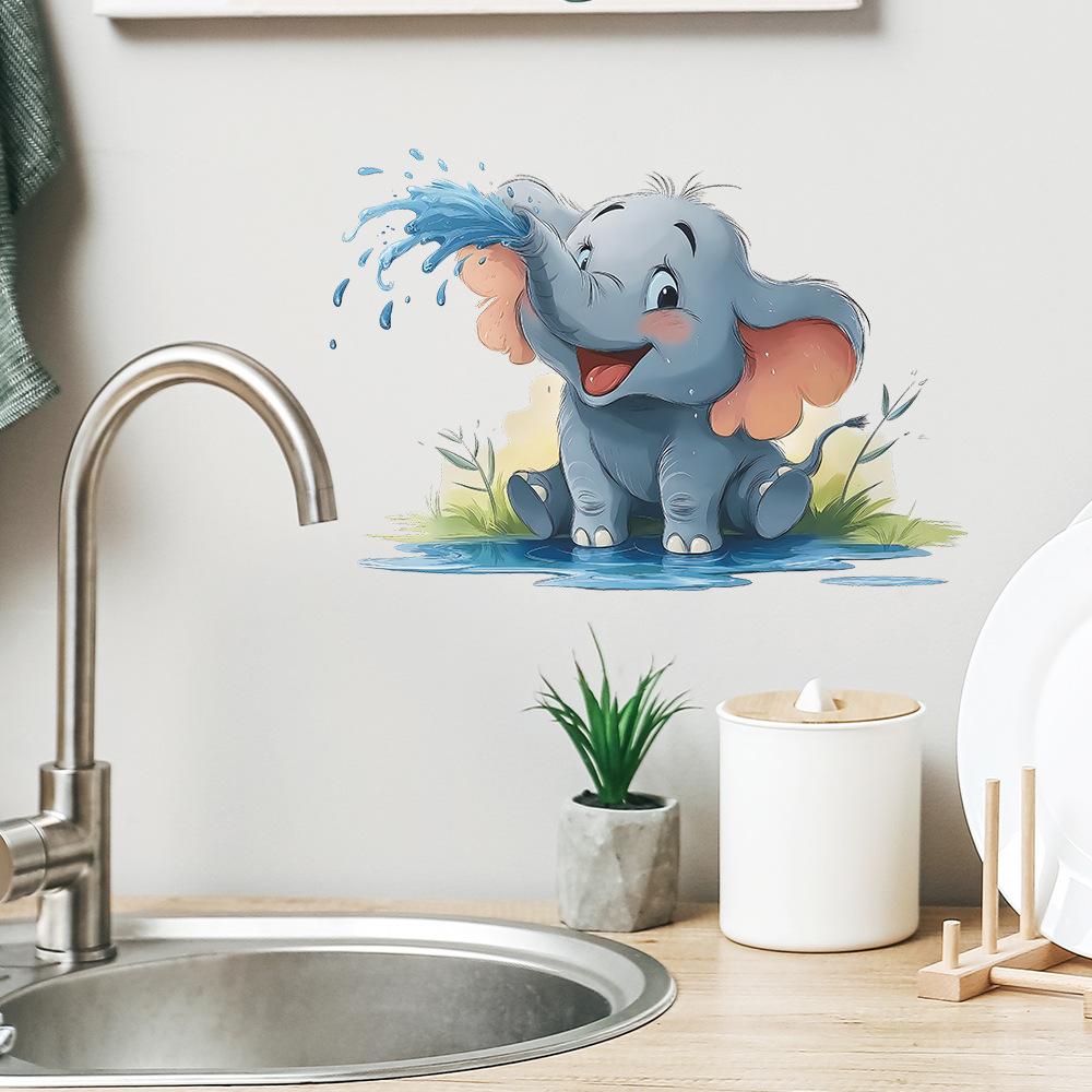 Cartoon Baby Elephant Splashing Water Wall Sticker for Bathroom Home Decor Self-Adhesive Removable Decal