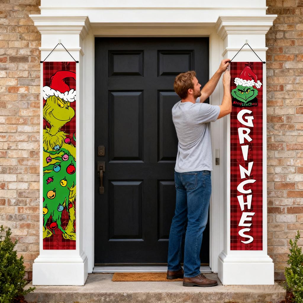 New Arrival! 30*180cm Christmas GreenGhost Couplets - Polyester,Durable& Eye-catching Design For Home & Cafe Decoration.