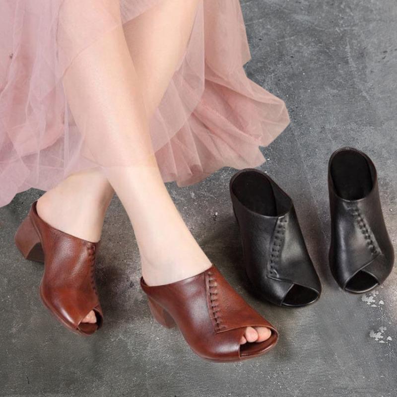 Fashion Thick-heeled Soft Leather Outer Slippers Fish Mouth Comfortable Versatile Mid-heeled Women Sandals Women's Mother's Shoes Women