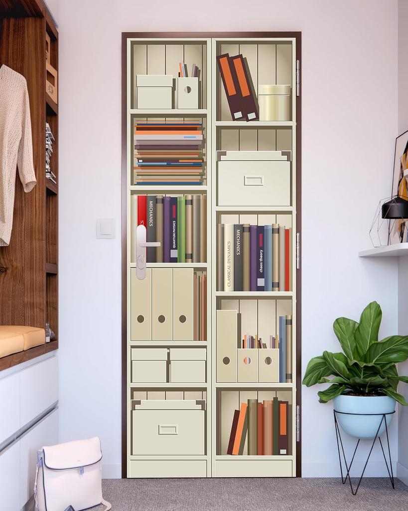 9Stlye Bookcase Peel and Stick Door Sticker Mural Self-Adhesive, Removable Waterproof Vinyl Door Decal for Bedroom and Living Room Wall Decoration
