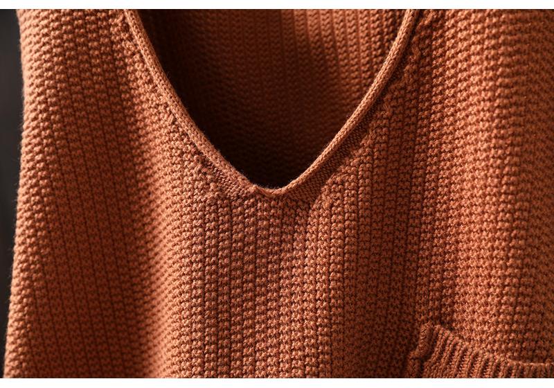 Women's Artistic Loose V-Neck Cotton Knit Sweater - Autumn Long Sleeve, Versatile Large Size