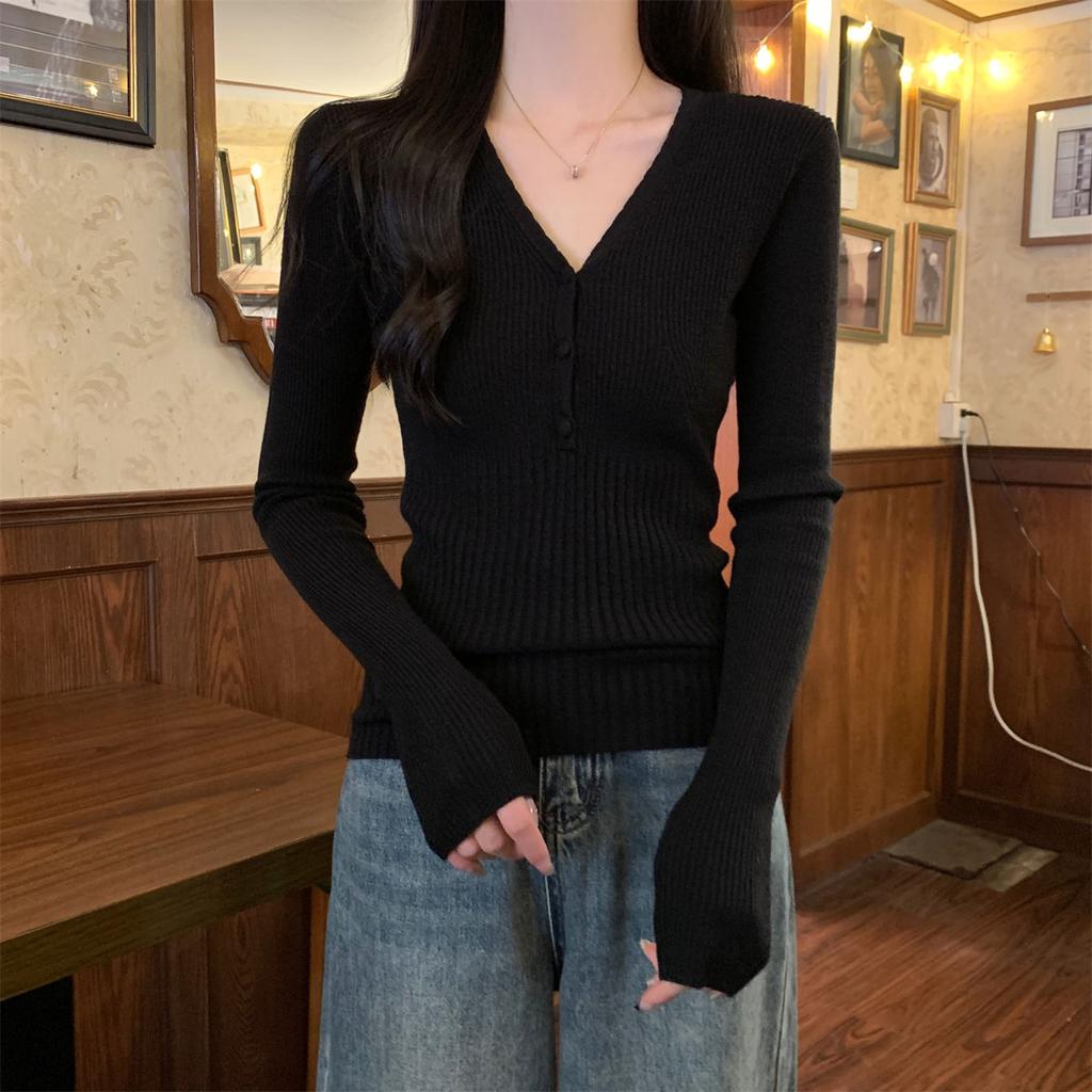 Gentle Wind Collar Button Slim-fit Knitted Bottoming Shirt Women's Spring Pit Strip Inner Top Sweater
