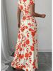 2025 Women's V-Neck Short Sleeve Tie-Up Dress with New Print - Spring/Summer Waist-Cinching Long Dress
