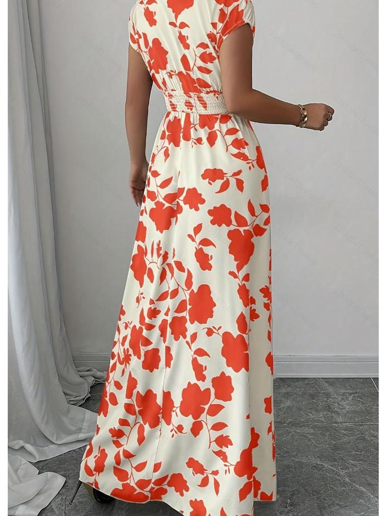 2025 Women's V-Neck Short Sleeve Tie-Up Dress with New Print - Spring/Summer Waist-Cinching Long Dress