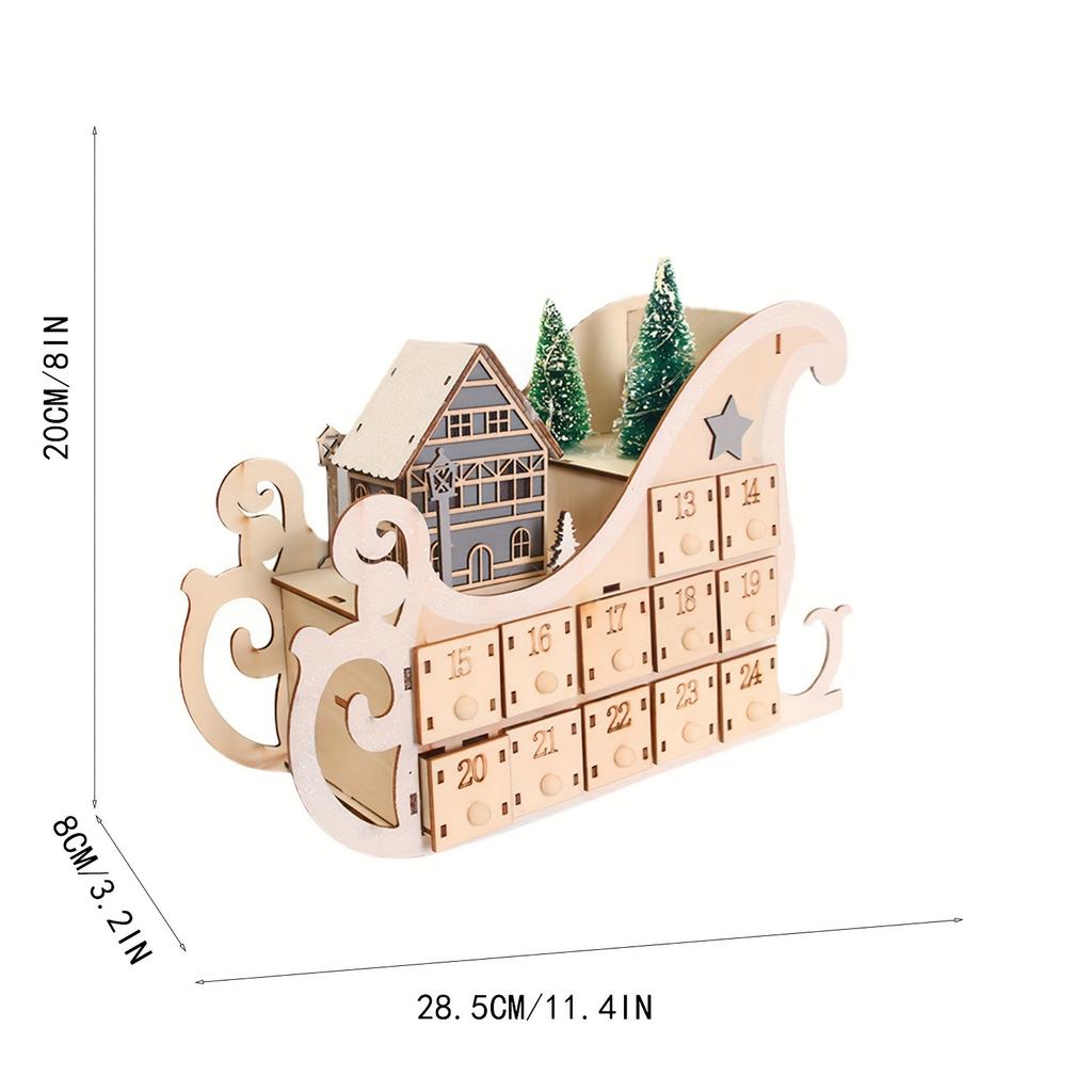 1pc Wooden LED Sleigh Advent Calendar Festive Christmas Countdown Calendar with Snowman, Battery Operated, Winter Wonderland Christmas Decorations