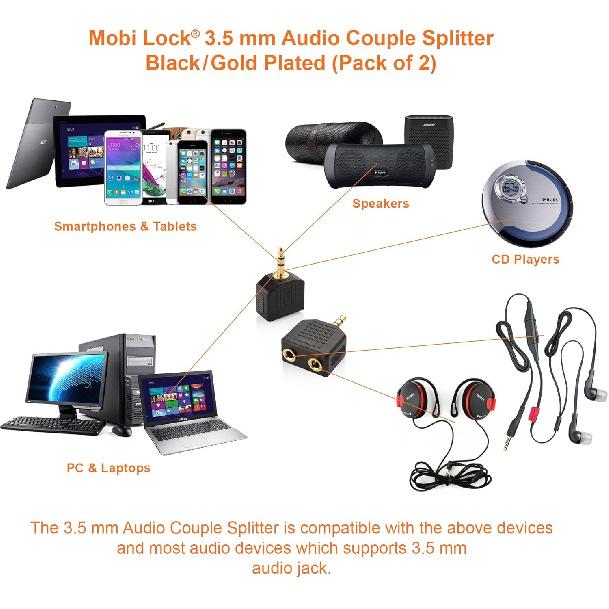 Mobi Lock 2pcs 3.5mm Headphone Y Splitter 1 Male to 2 Female Audio Jacks for Media Players and Audio Devices Allows Two People to Listen to 1 Sound