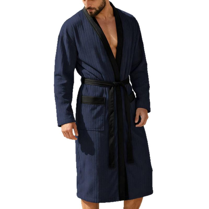 Men's Waffle Knit Bath Robe Long Sleeve V-Neck Kimono Style Sleepwear with Belt and Pockets