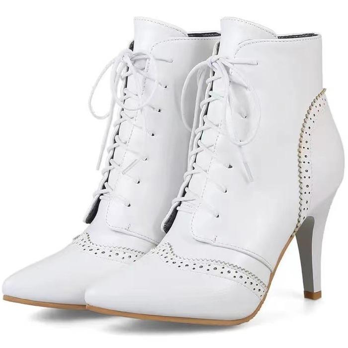 Nové evropské a americké módní všestranné retro duté hořící květinové přední šněrovací dámské kotníkové boty na vysokém podpatku