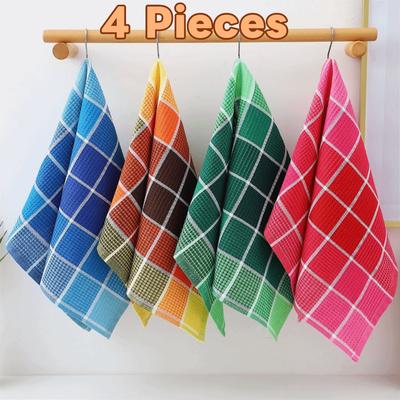 4 Pieces Soft Kitchen Grid Dish Towel Cotton Yarn Tea Towel Waffle Cleaning Clothes  Pot