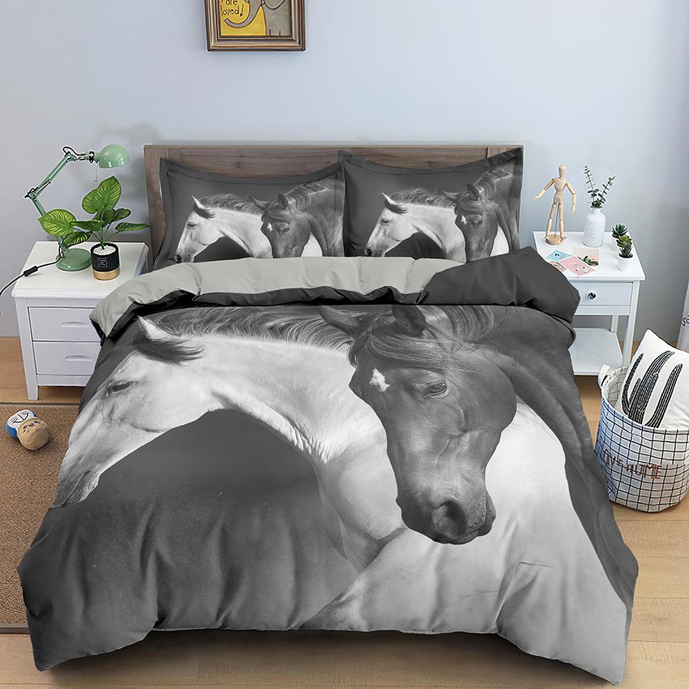 3D Horse Duvet Cover King Queen Size Black White Thoroughbreds Bedding Set For Teens Adults Animal 2/3pcs Polyester Quilt Cover