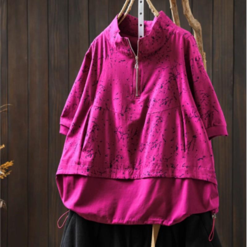 Johnature Women Vintage Print Floral T-Shirts Turtleneck Short Sleeve Patchwork Summer Zipper Casual T-Shirts