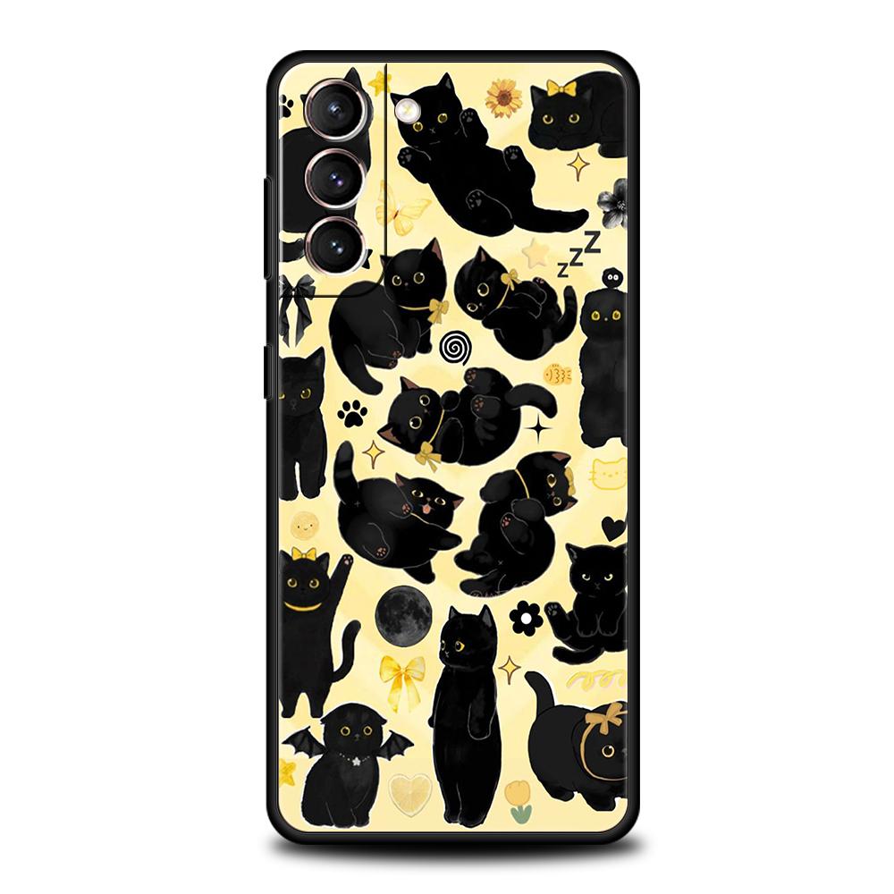 Phone Case Cover for Samsung Galaxy S25 Edge S24 S23 S22 S20 S21 FE Ultra S10 Plus 5G Soft TPU Cute Black Cats Kawaii Creative