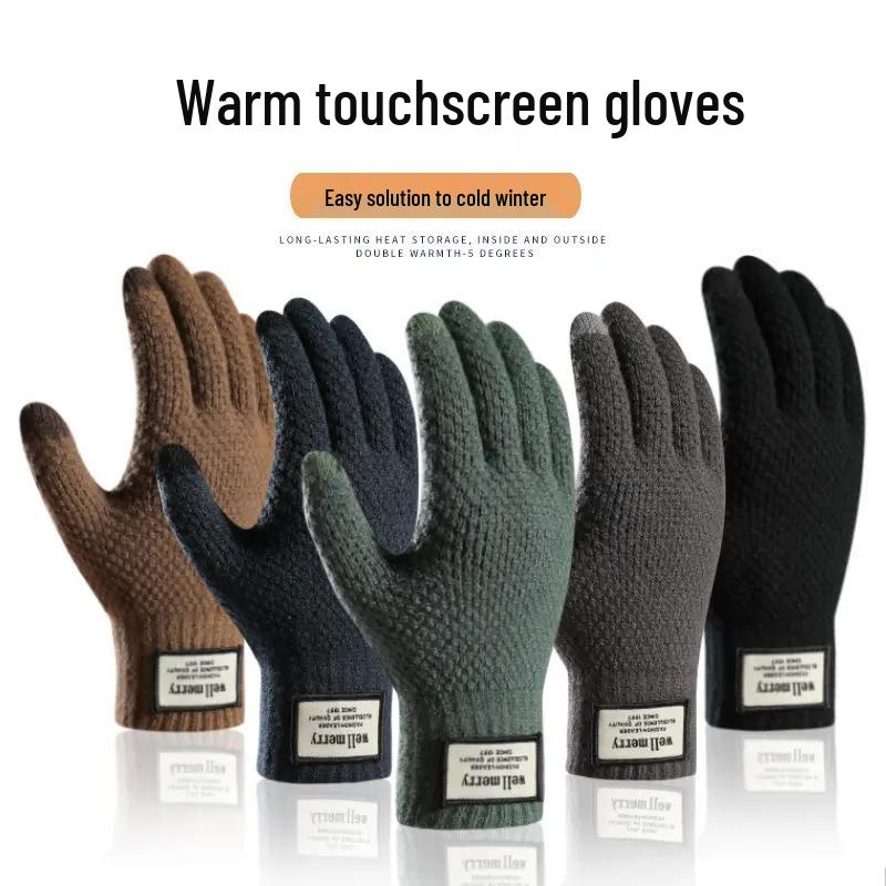 Men’s Wool Touchscreen Gloves: Fleece-Lined, Thick Knit for Autumn/Winter Cycling