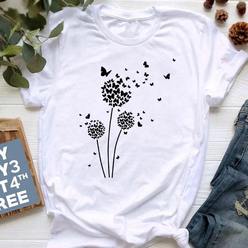 New Summer  Dandelion Butterfly Print Women Tshirt Casual White and Black T-shirt Funny T Shirt Gift for Lady Young Girl Tops