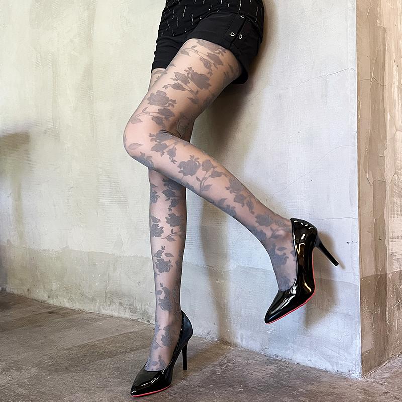 Весна 2026 Розовые Цветочные Прозрачные Колготки Женские Нейлоновые Тонкие Ретро Чулки Женские Сексуальные Очаровательные Длинные Чулки Стиль Y2K One Size серый