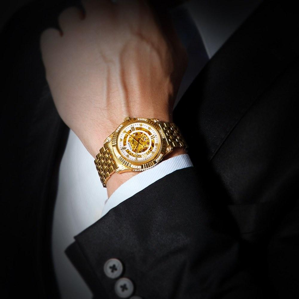 BINLUN Men's Automatic Skeleton Watch Full Skeleton Double-Sided Gold Finish