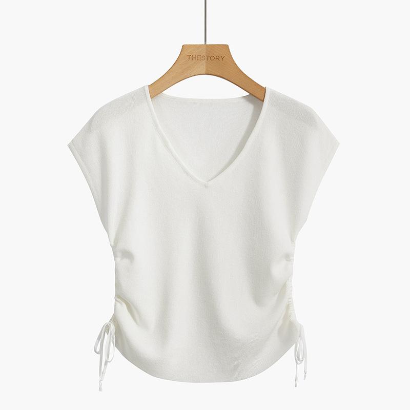 Französischer Eis-Seiden-Strickpullover Damen Sommer Neu V-Ausschnitt Kordelzug Figurbetont Dünnes T-Shirt Ärmelloses Top