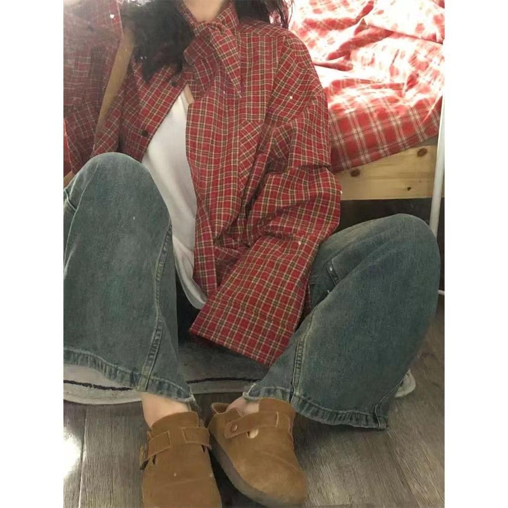 Women's Retro Red Plaid Loose Long-Sleeve Shirt - Spring/Autumn Stylish Top
