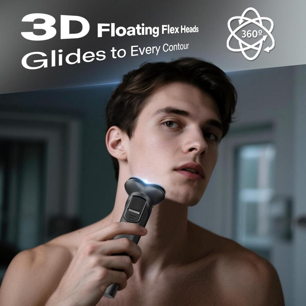 Electric Razor for Men, 3D Flex Blades with Pop-Up Trimmer, IPX6 Waterproof, Type-C Quick Charge