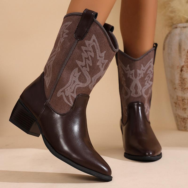 Fashion Chunky Heel Single Boots Autumn New Pointed Toe Paneled Embroidered Sleeve Non-Slip Wear-Resistant Mid-Tube Boots