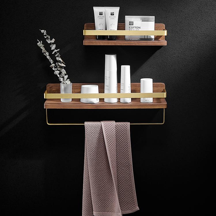 Luxury Walnut Wood Shelf Wall Mounted Bathroom Shelf Brushed Gold Decorative Bath Shelf Caddy