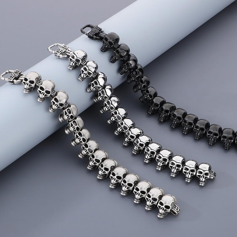 Gothic Punk Schmuck Voller Totenkopf Gliederkette Mann Armband für Männer Schwarz Altsilber Farbe Edelstahl Herrenarmbänder Cool