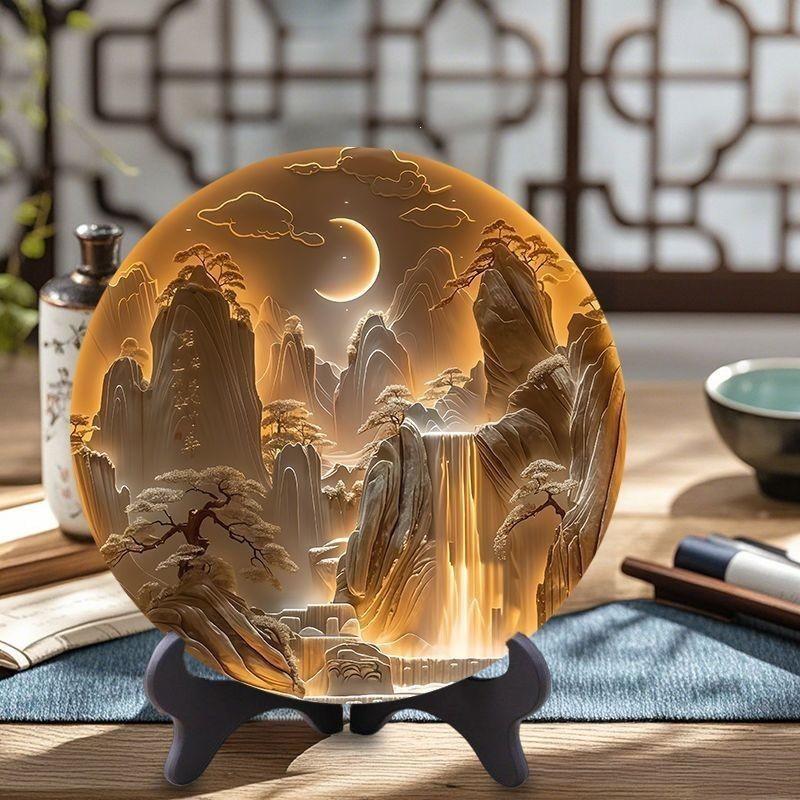 Embossed 3D Round Plate Ornament: Chinese Style for Study, Tea Room, or Office Display