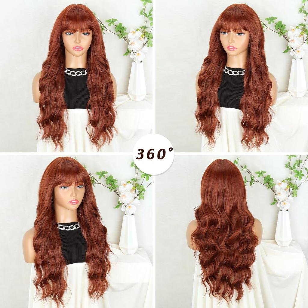 Long Auburn Wigs with Bangs Long Wavy Wigs for Women 26 Inch Copper Red Middle Part Copper Wavy Wig Natural Looking Synthetic Auburn Long Wig