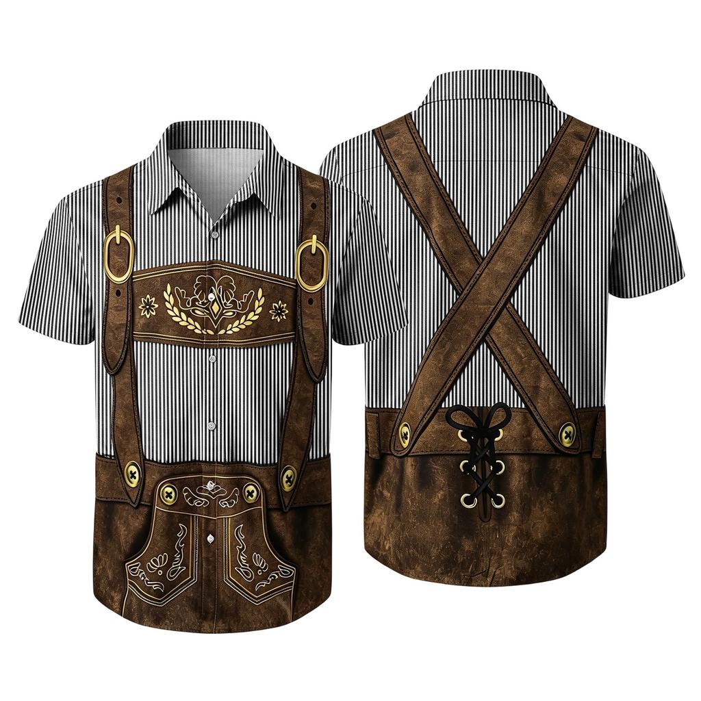 Men's Short Sleeve Button Up Shirt Oktoberfest Style Beer Festival Print Casual Loose Fit Party Shirt with Vintage Inspired Design
